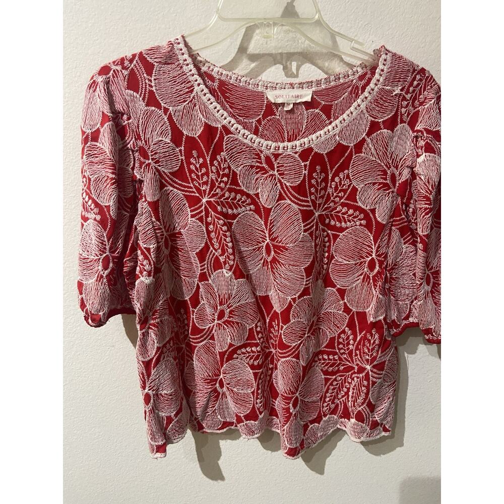 Solitaire Women's Floral Embroidered Top Red, Size Medium